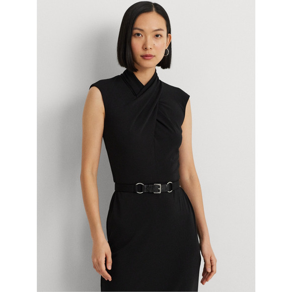 Lauren Ralph Lauren Women Belted Jersey Mock Neck Dress Black Size 10 - Picture 4 of 5